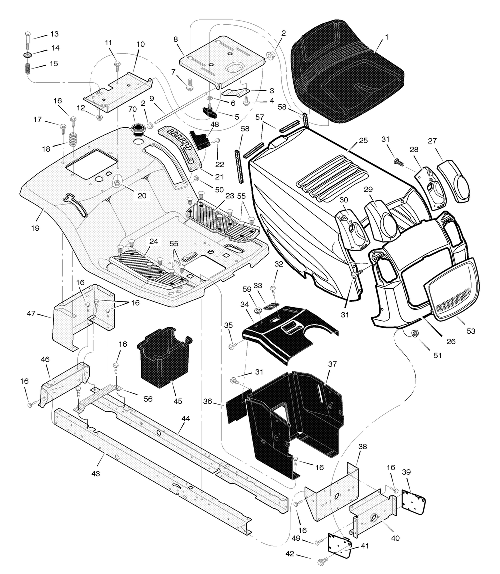 Chassis And Hood Diagram and Parts List for 425001X31A 2004 Briggs and Stratton Lawn Tractor